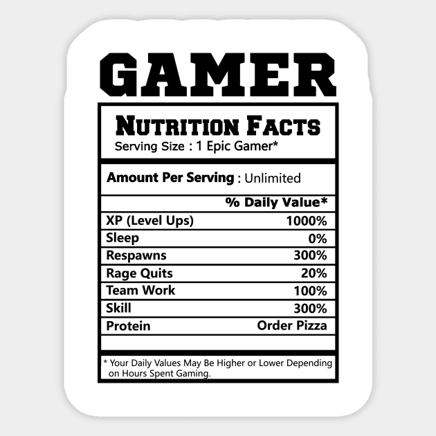 Gamer Nutritional Facts - Cool Gamer Video Game Funny Sticker by MetalHoneyDesigns